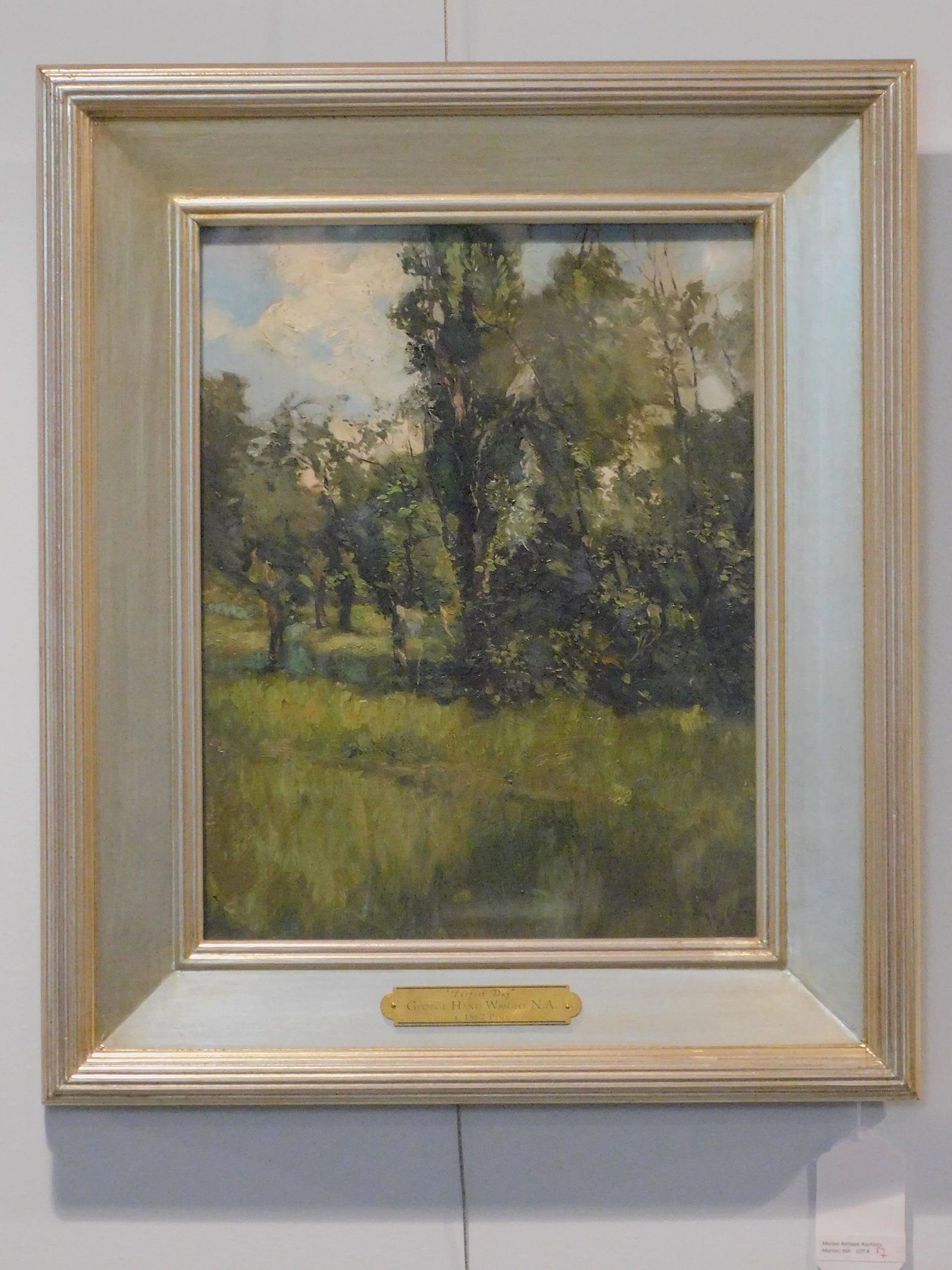 George Hand Wright (1872-1951, CT, NY) landscape: painting titled "Perfect Day". Oil painting on board under glass. Early 20th c. impressionist. Modern silver gilt frame. Sight size 13 1/2" x 10 1/4", overall 19 1/4" x 16 1/2". Good original conditio