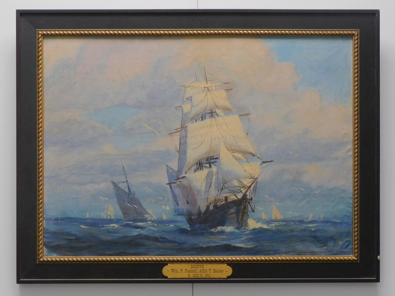 William Frederick Paskell or T. Bailey: (1866-1951, MA) marine seascape, early 20th c. Oil painting on canvas depicting a ship under sail. Sight size 19 1/4" x 26 1/2", overall 24" x 31 1/2". Good condition, frame shows chip to edge.