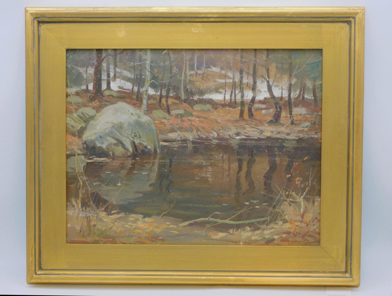 Wayne Bean Morrell (1923-2013, Rockport, MA): "Winter Pond Landscape". Oil painting on board, signed lower left. Sight size 13 1/2" x 17 1/2", overall 19 1/4" x 23 1/4". In a high quality modern gilded frame.