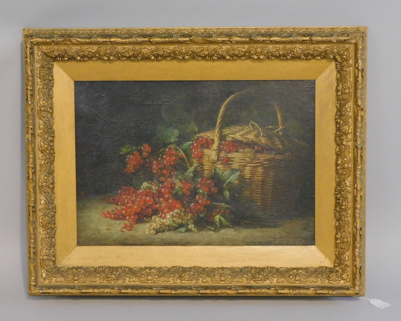 Emma Levinia Swan (1853-1927, RI, Germany) still: life painting of currants, late 19th c. Oil painting on canvas depicting a basket of currants glistening under the light with a luminous, translucent quality. Swan was primarily self-taught under the 