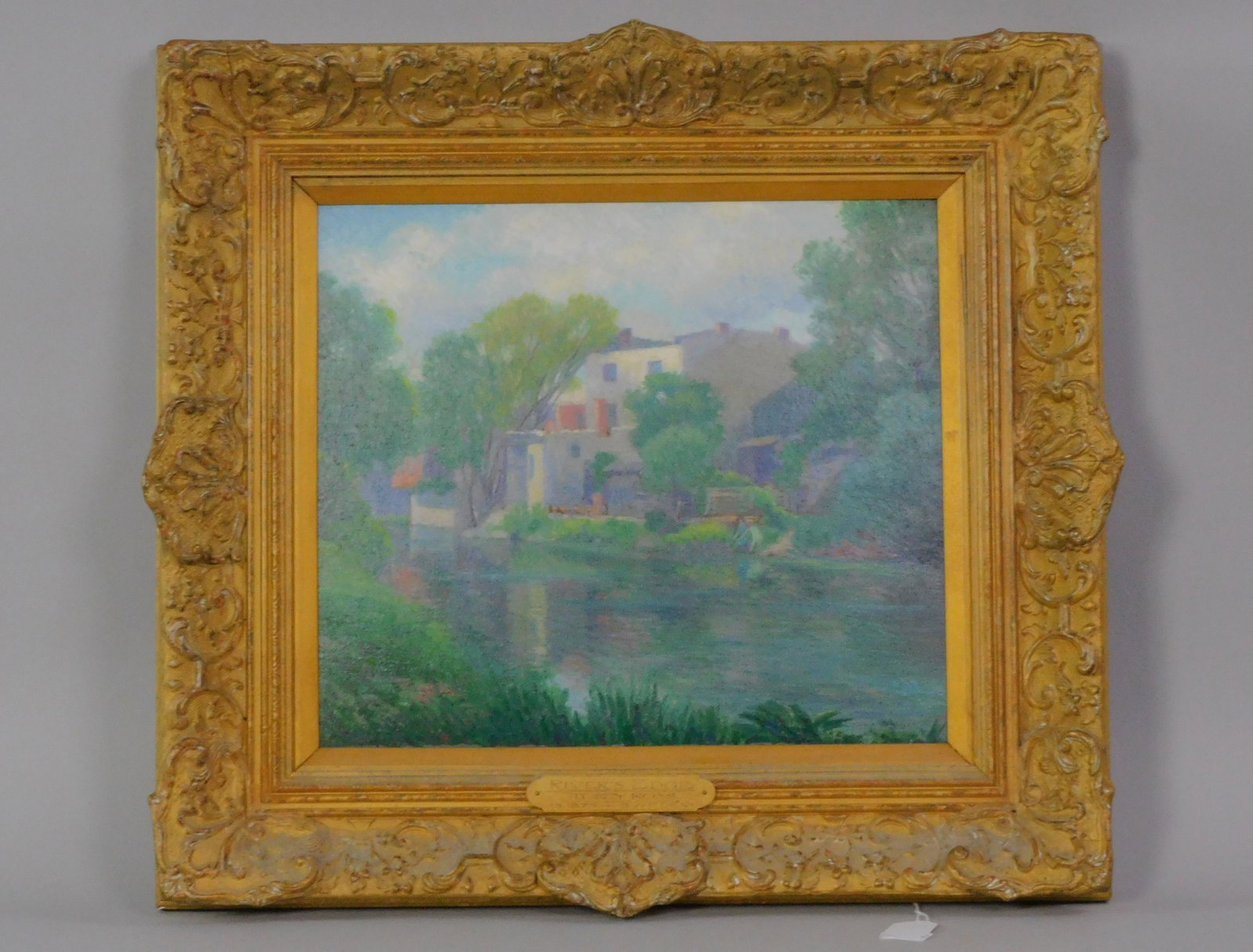 Torrey Ross (1875-?, Sweden, IL, FL) "River's: Edge", early 20th c., oil painting on artist board. Signed lower right. 13 1/2" x 15 1/2", overall 21 3/4" x 24". Overall good condition.