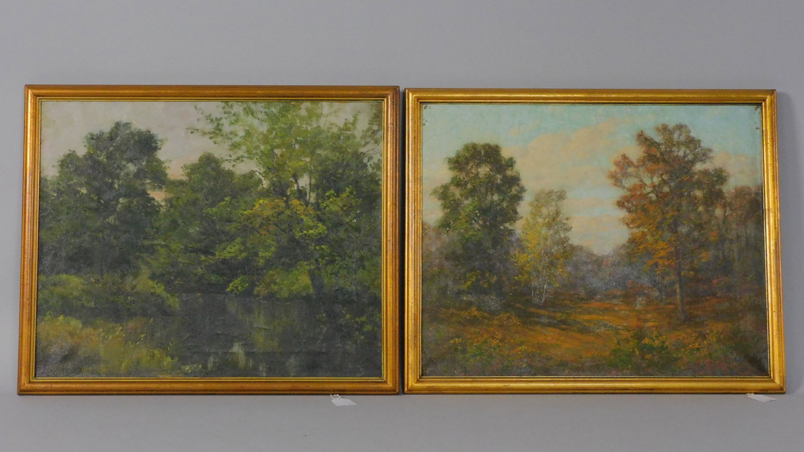 Frank Chester Perry (1859-1943, MA, RI) (2): landscape oil paintings on canvas. To include: an autumnal woodland scene, signed lower left. Sight size 15 3/4" x 19 1/2", overall with frame 18" x 22". Shows minor paint loss to the upper corners, m