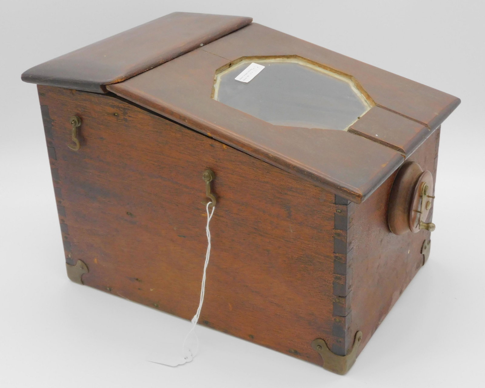 Battery operated illuminated dry gimbaled brass: compass by A. S. Morss & Co., Boston. Ca. 1900. In a dovetailed custom walnut case. Batteries not included, has not been tested. Original finish, approx. 9 1/4" high, 9" wide, 12 1/2" deep. Cover show