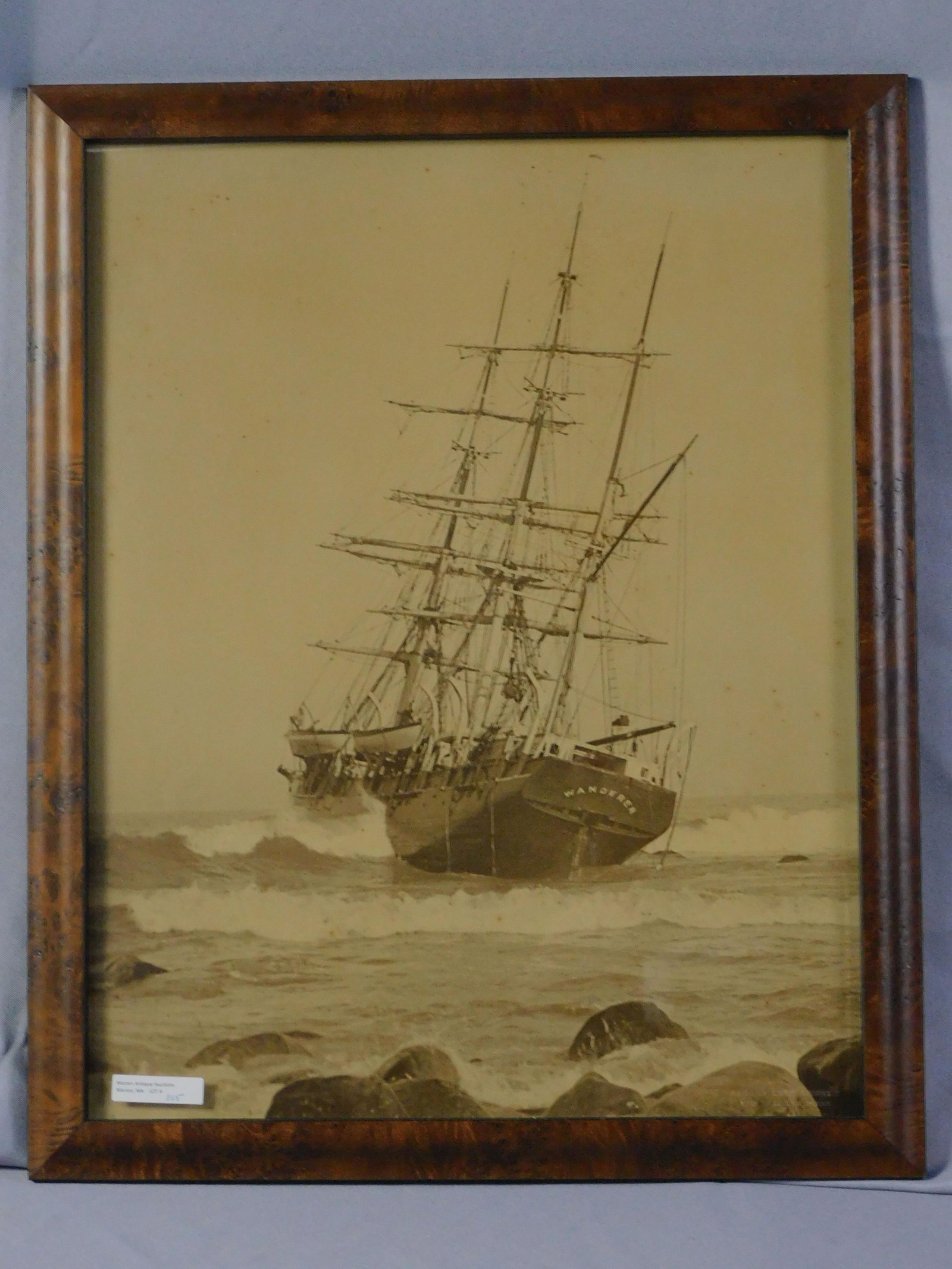 Wreck of the Wanderer. Ca. 1924. Photograph of: the Wanderer, by Albert Cook Church (New Bedford). Signed lower right. Shows slight foxing. In a modern burled walnut frame. Sight size 19" x 15", overall with frame 21 1/2" x 17 1/2".