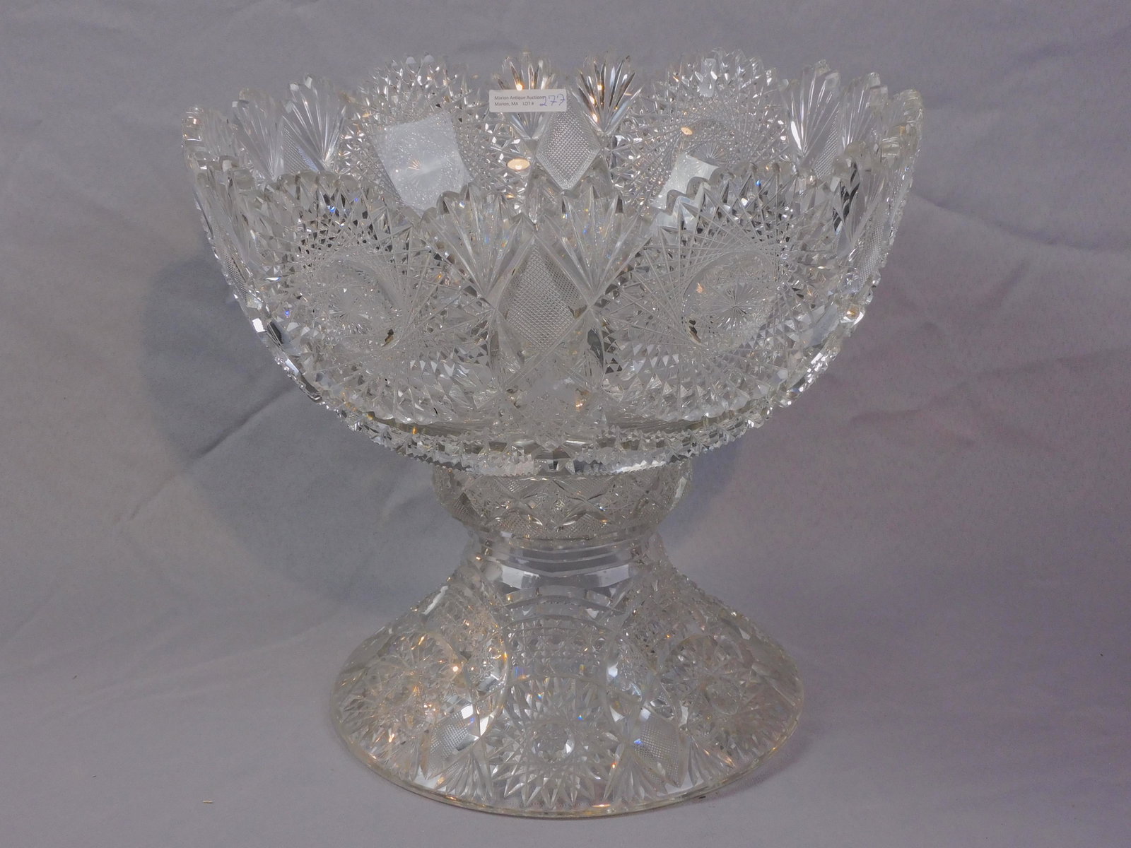 Brilliant cut glass punch bowl, late 19th c.: Large, two-parts. 13" high, 14" diameter. Overall excellent condition. Minor roughage to the inside top of base and bottom peg of bowl.