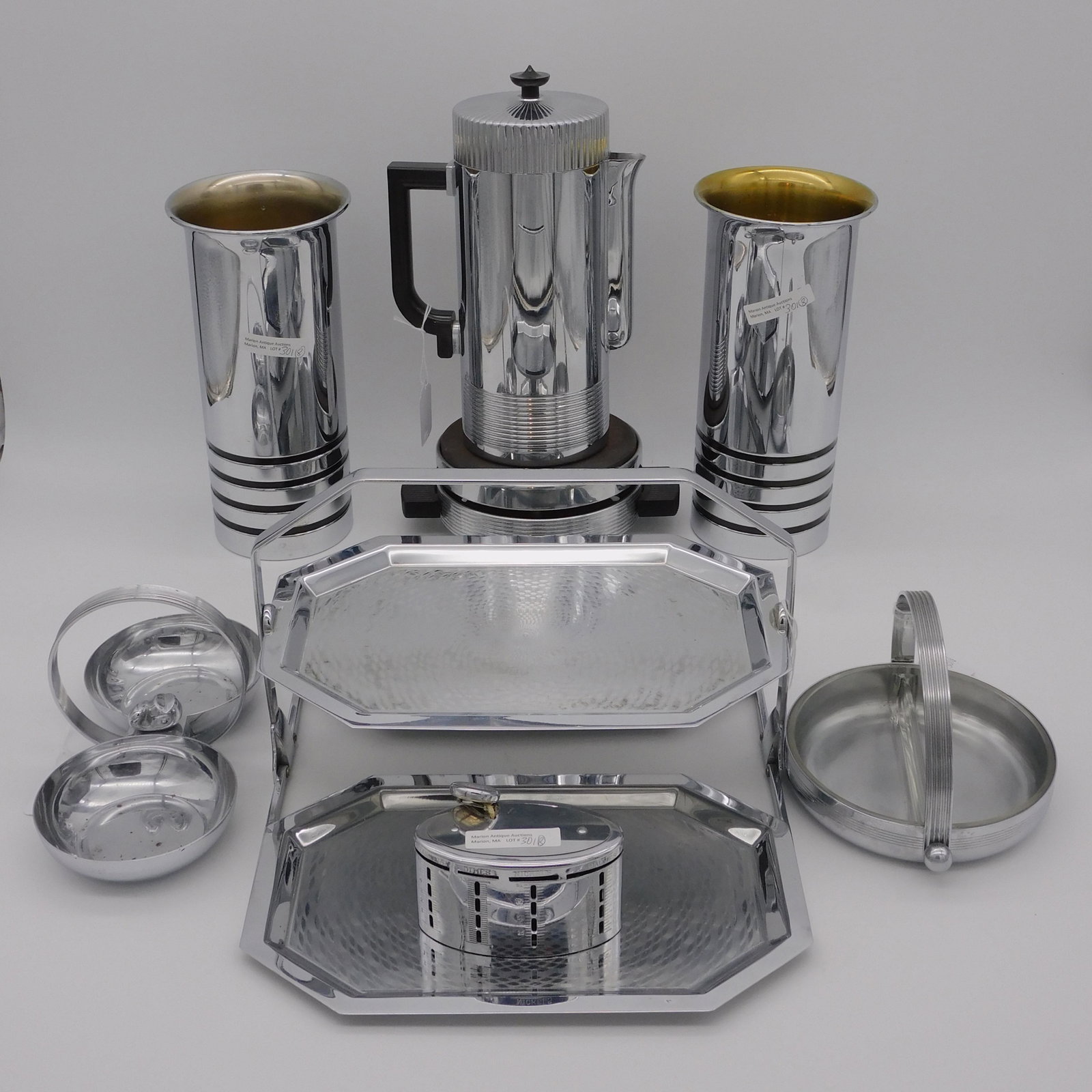Chase Brass & Copper Co., Art Deco Chrome, 1930s.: To include: a pair of vases designed by Walter Von Nessen for Chase, 9 1/2" x 4 1/2", very good condition. A coffee pot and hot plate designed by Walter Von Nessen for Chase, 10" x 4", very good condi