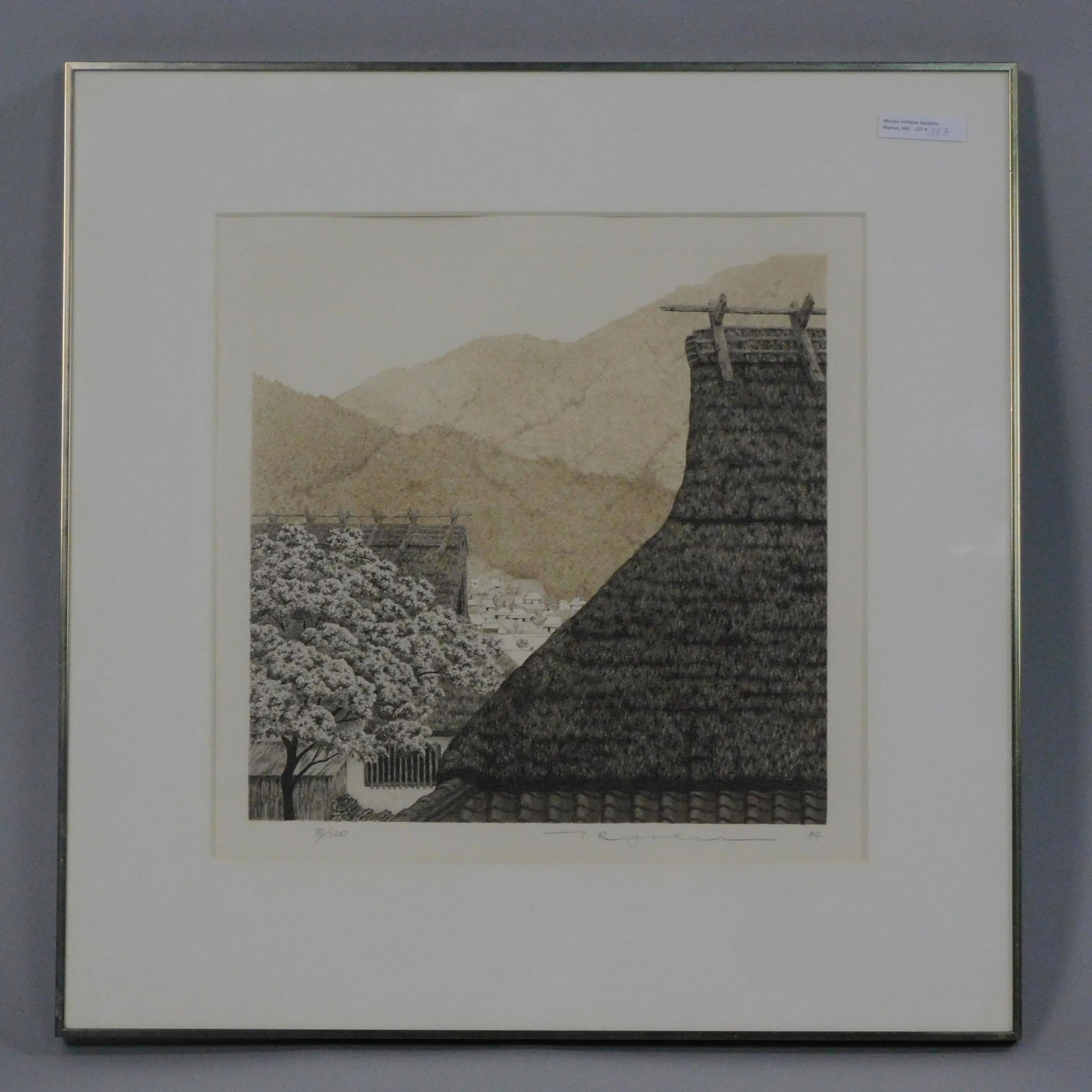 Ryohei Tanaka (1933-2019, Japan) Japanese etching and: aquatint titled "Thatch Roof at Miyama". Pencil signed and dated lower right, R. Tanaka ‘84. Numbered 85/120. Sight size 11 1/2" x 11 3/4" (within the plate marks), overall with frame 19 1/2" x 19 1