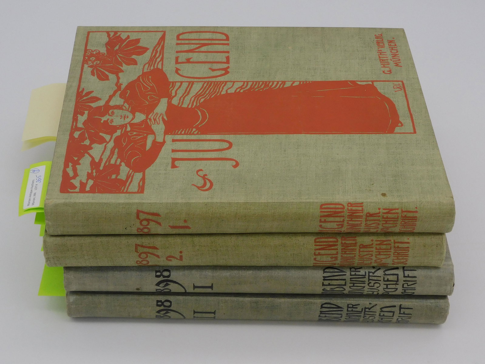 Jugend Munchner Illustr., collection of (4): copies of Jugend, 1897 and 1898, vols. I & II of each year, German design magazines. Great colorful Art Nouveau illustrations, plates. Some loose pages, present, particularly in 1898 vol. II. Quarto.