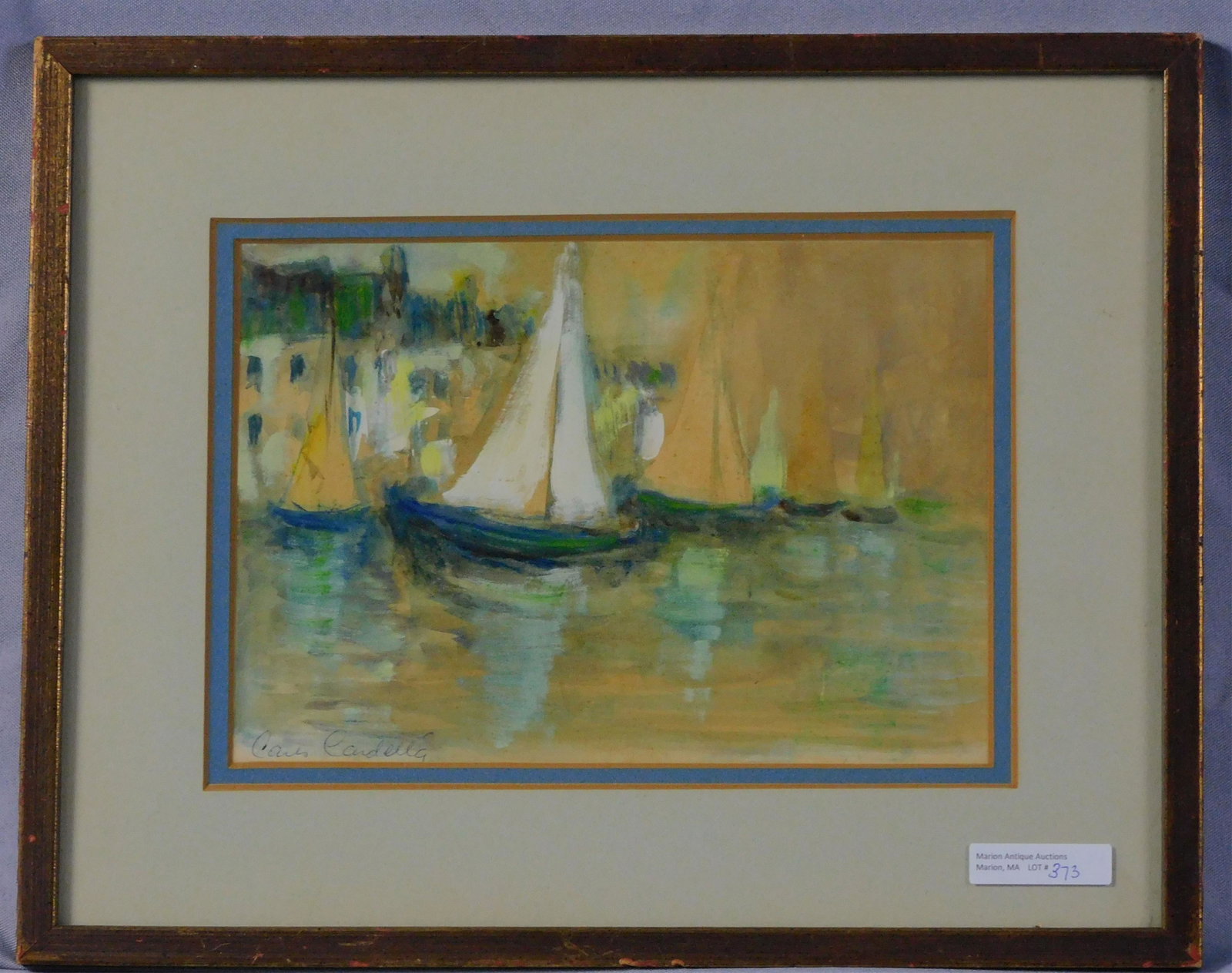 Carlos Cordella (b. 1942, Spain) mixed media: drawing depicting sailboats in a harbor. Signed lower left. Sight size 6 1/2" x 9 1/4", overall with frame 11 3/4" x 14 3/4".