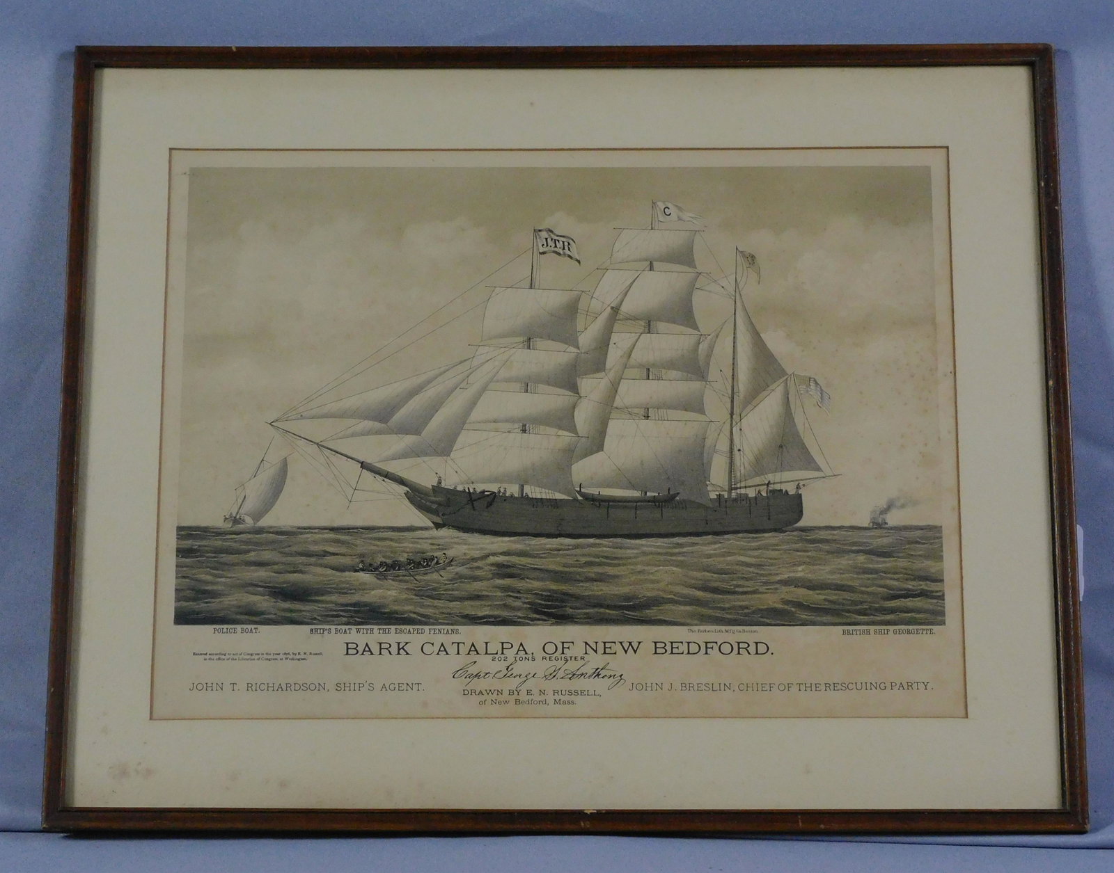 The Bark Catalpa of New Bedford, dated 1876.: Framed and glazed lithograph. By Forbes Litho Manufacturing Co., Boston. The bark Catalpa was involved in the rescue of the Fenians from Australia. The print shows the Fenians escaping in a large rowb