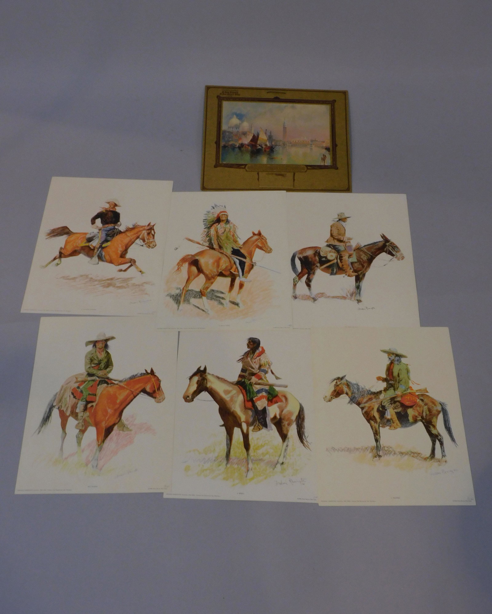 (6) Remington colored lithographs from the: Remington Art Memorial, 1956, Pennsylvania Prints. To include: The Breed, The Army Packer, A Cavalry Officer, Old Ramone, A Trapper, and A Sioux Chief. They measure 16 1/2" x 12 1/4". Good condition. 