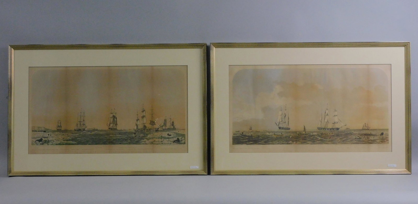 J. H. Bufford, (2) colored lithographs, 19th c.,: both after Benjamin Russell. One is titled "Sperm Whaling with its Varieties", sight size 18" x 33 1/2", modern frame and mat 27 1/2" x 41", shows faint tanning lines. Along with "Right Whaling in Ber