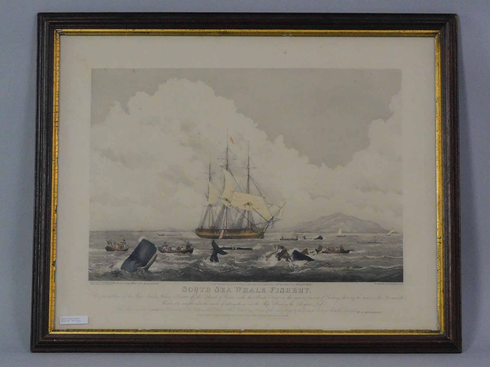 "South Sea Whale Fishery", colored engraving by T: Sutherland, after W J Huggins. Published in London by W J Huggins in 1825. Sight size 13 1/2" x 19 1/2", overall with period walnut frame 22" x 27". Very minor foxing.