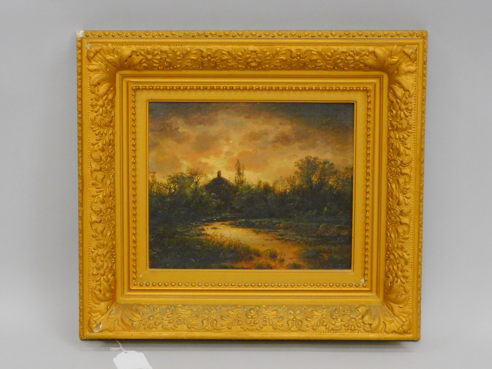Granville Perkins (1830-1895, NY, MD) depicting: House by a Stream. Dated 1889. Oil painting on canvas, tonalist landscape of a house by a stream. Signed and dated lower left. Housed in a period carved and gilded frame. Sight size 10" x 12". Overall