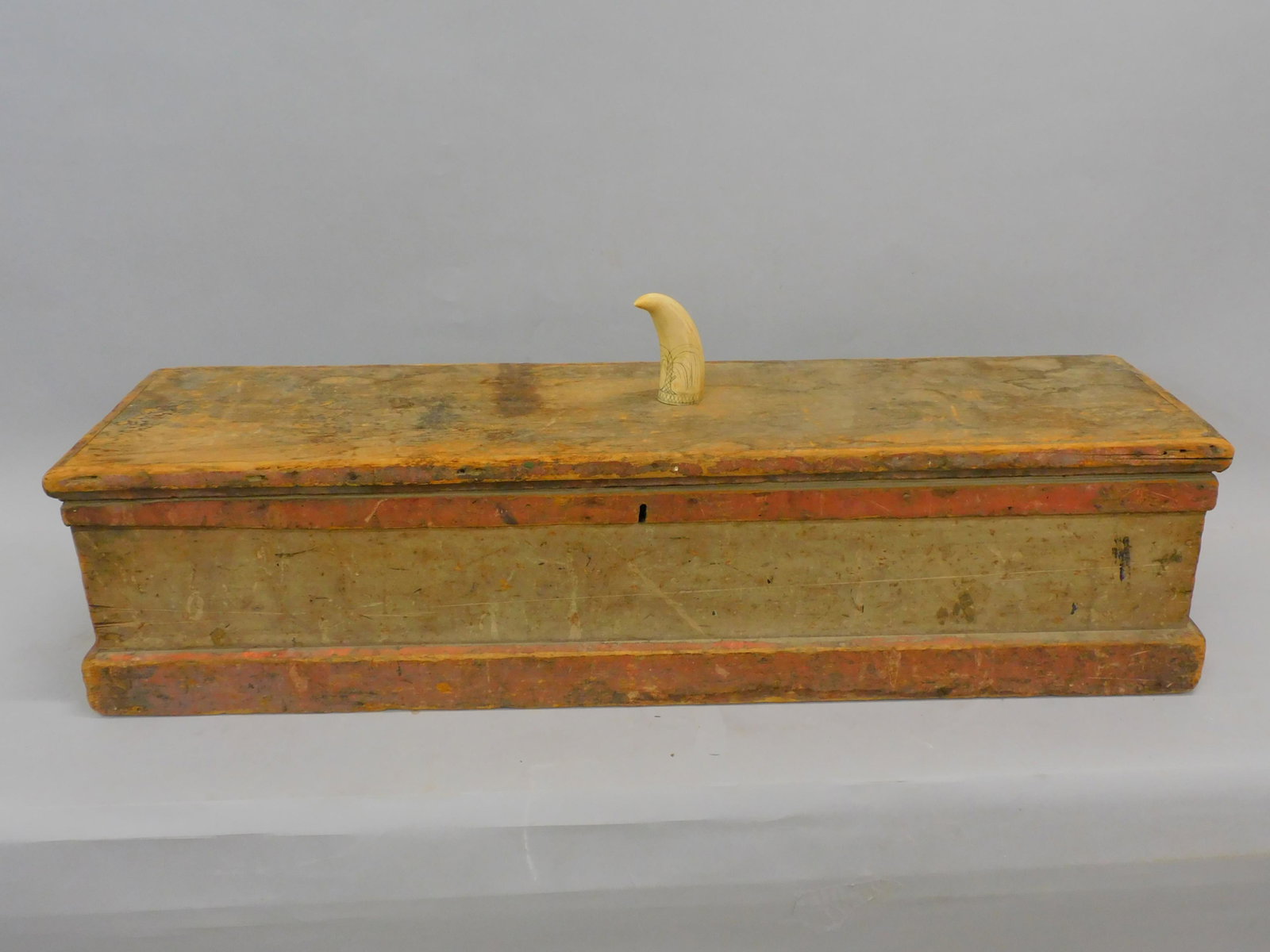 Wooden chart case from the bark Globe which: sailed out of New Bedford in 1840. Its master was Captain Slocum. Wonderful old painted finish. 10" high, 40" wide, 11" deep. Shows age appropriate wear. Found along with a 19th c. scrimshaw whale's t