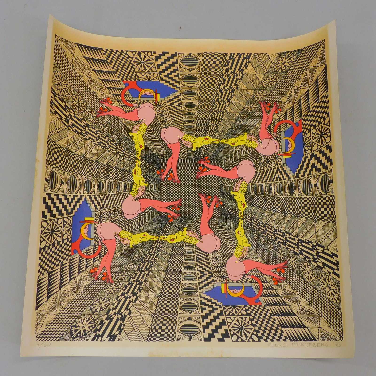 Pedro Friedeberg (Mexican/ Louisiana, 1936 - ).: "Castillo Alligator Women". 1973. Silkscreen on paper. Signed lower right. Number 6/60 lower left. 21 1/2" x 21 1/2".