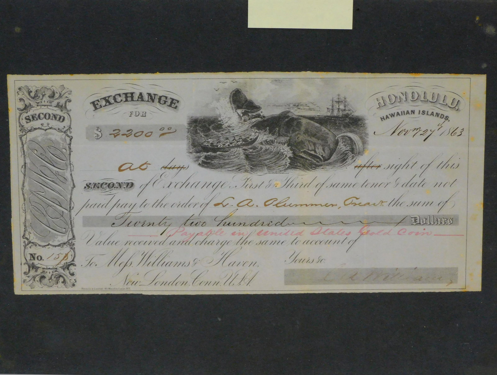 Album containing ephemera related to New Bedford: and whaling. Includes: insurance policy for the ship Morning Star 1857, a 1911 bill of sale for the brig Daisy, a 1911 bill of sale for the bark Wanderer, an 1871 bill of sale for the bark Sunbeam, a 