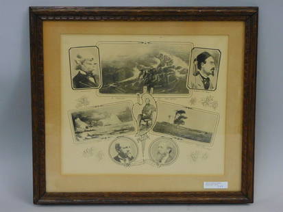 Unusual framed lithograph featuring New Bedford's: most famous artists, William Bradford, Albert van Beest, C. H. Gifford, and R. Swain Gifford. Sight size 10" x 11 1/2", overall in a carved wooden frame 14" x 15 3/4". Good condition.