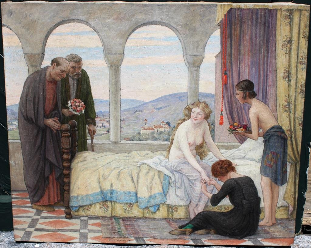 OIL PAINTING ON CANVAS, NUDE WOMAN,: UNFRAMED, BY BRYSON BURROUGHS, DATED 1919 (1869-1934), 30” X 36”