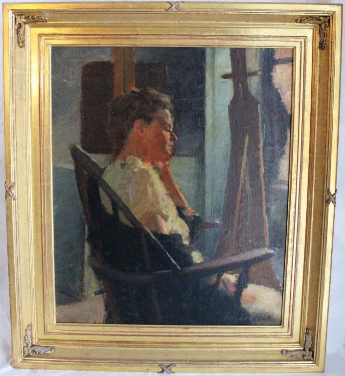 FRAMED OIL PAINTING ON CANVAS, SIGNED: PAUL INGBRETSON, MODEL IN FIREHOUSE WINDSOR CHAIR IN STUDIO, 20TH CENTURY, N.H. ARTIST, 23 ½” X 19 ½”, MODERN GILT FRAME