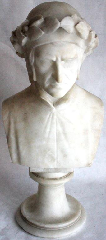 MARBLE BUST OF DANTE WITH REVOLVING: BASE, 19TH CENTURY, 16” HIGH, REPAIR TO TOP OF HEAD