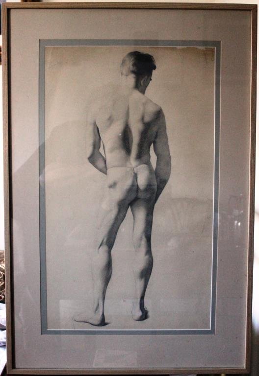 20TH CENTURY FRAMED AND GLAZED GRAPHITE: DRAWING ON PAPER, NUDE MALE ATTRIBUTED TO POLLY THAYER STARR (BOSTON ARTIST, 1904-2006), COPLEY SOCIETY LABEL ON BACK, SOME PAPER LOSS AND STAINING, SMALL TEARS AT TOP AND BOTTOM, 25” X 14 ½”