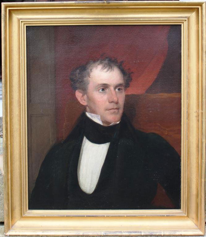FRAMED OIL PAINTING ON CANVAS,: PORTRAIT OF EDWARD BROOKS, 1798-1878, PAINTED BY FRANCIS ALEXANDER, (1800-1880), PAINTED IN 1836, NAME OF ARTIST AND SUBJECT INSCRIBED ON BACK STRETCHER, 30” BY 25”