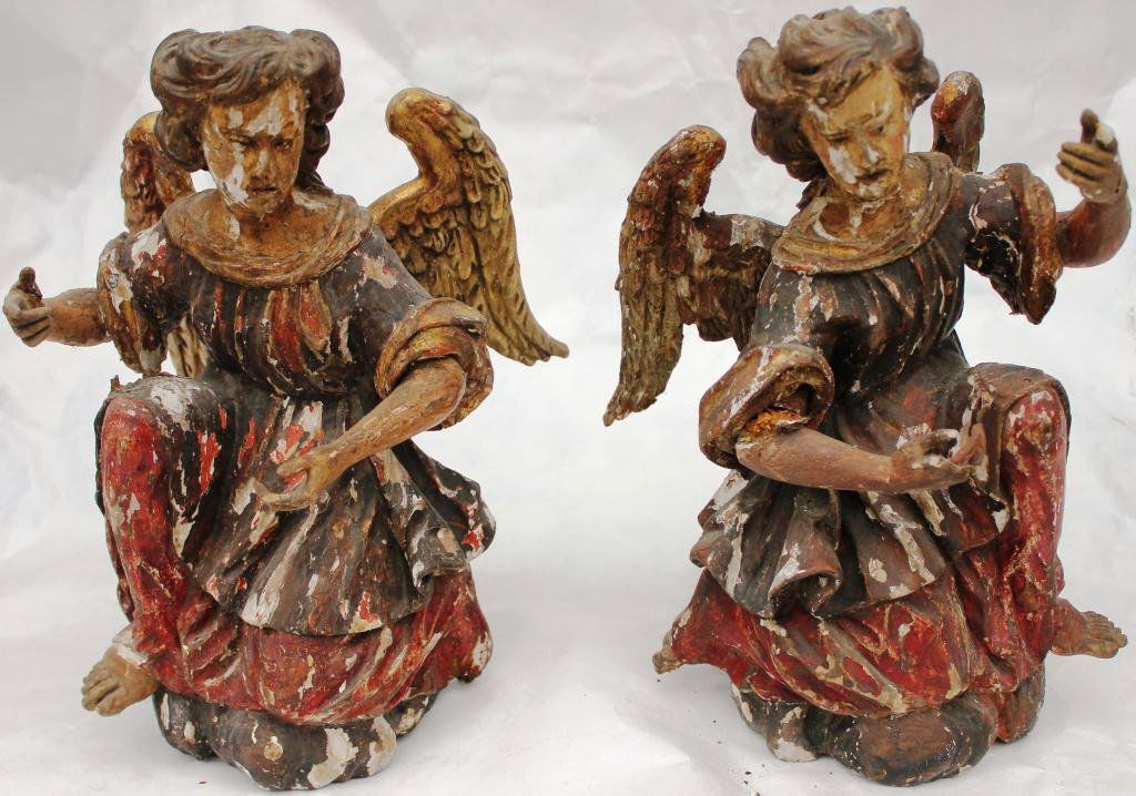 PAIR OF CARVED PAINTED WOODEN ANGELS,: ITALIAN, PROBABLY 18TH CENTURY,14” HIGH, 7 ½” WIDE AND 14” HIGH, 9” WIDE, 1 HAS REPAIR TO ARMS AND HEAD, REPAIR TO WINGS, SOME PAINT LOSS
