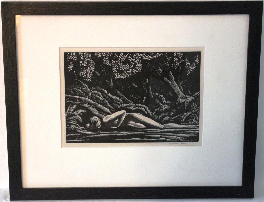 FRAMED AND GLAZED ROCKWELL KENT: WOODCUT ENGRAVING, “BY THE POOL”, PENCIL SIGNED, 6” X 8 ½”