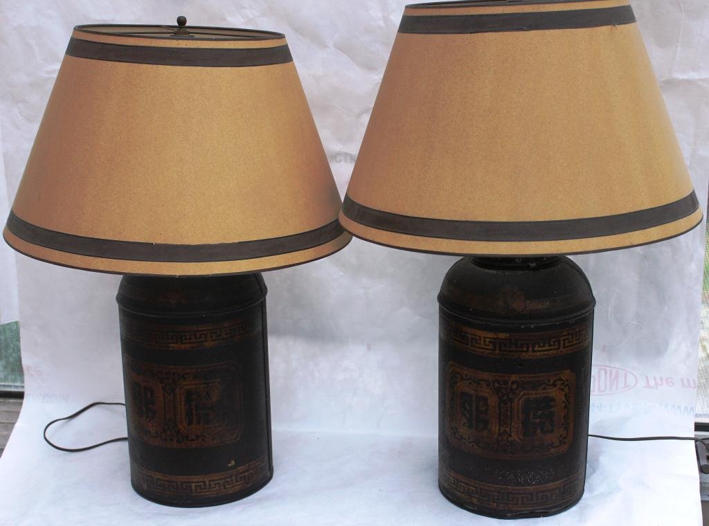 PAIR OF PAINTED TOLE LAMPS, 19TH: CENTURY, CHINOISERIE DESIGN, 17” HIGH, OVERALL 28” HIGH