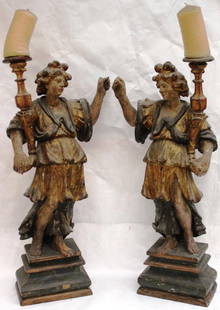 PAIR OF CARVED AND GILDED WOODEN: ANGELS, FLORENTINE, 19TH CENTURY, 28 ½” HIGH, 15” WIDE, 6” DEEP, MINOR DAMAGE AND REPAIRS