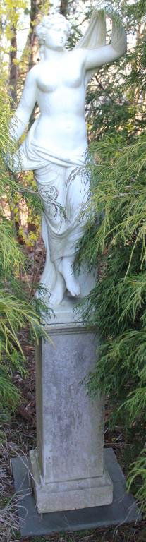 PAIR OF MARBLE STATUES OF CLASSICAL: WOMAN ON MARBLE BASE, 19TH CENTURY, 6’ HIGH, BASES 29 ½” HIGH, DAMAGE TO 1 BASE