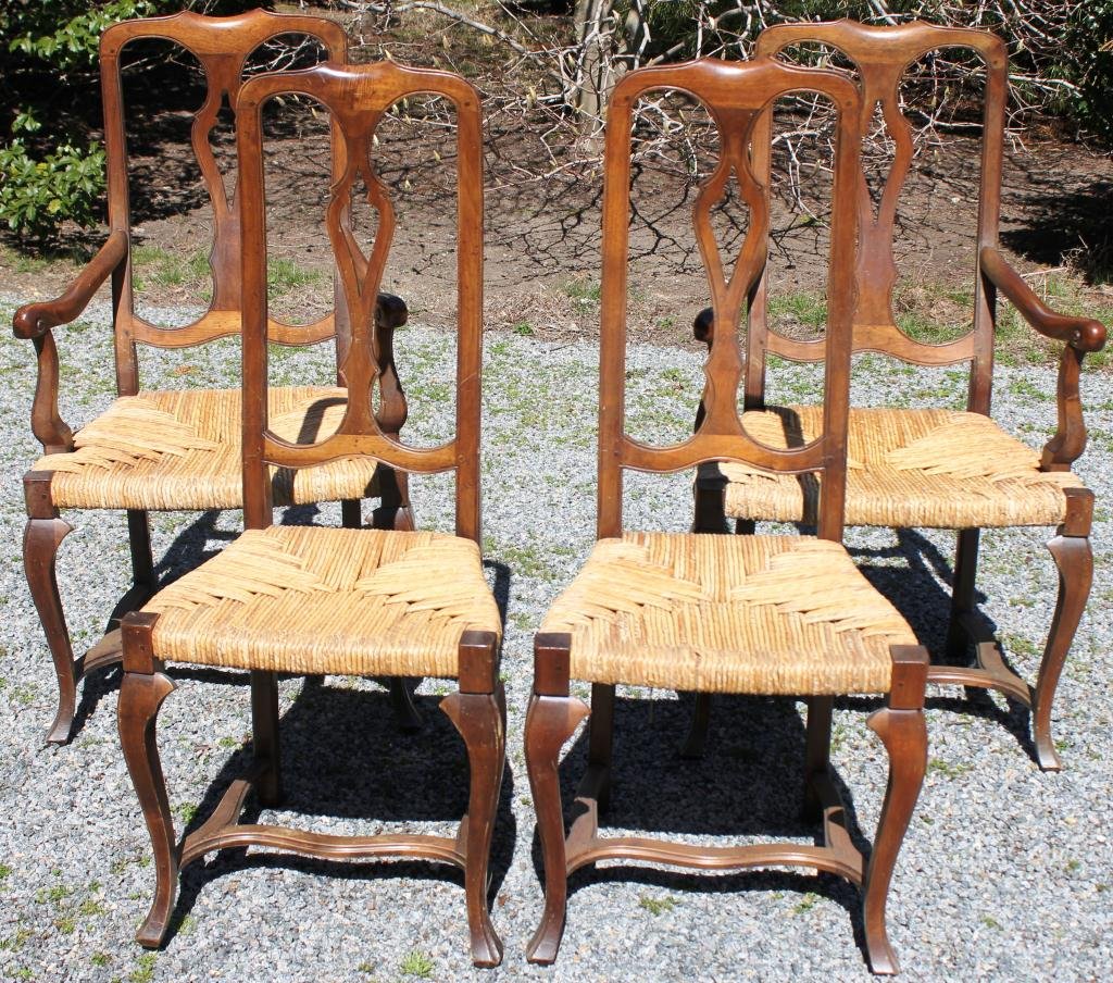 4 ITALIAN CHAIRS, 2 SIDE AND 2 ARM,: 20TH CENTURY, WALNUT, 18TH CENTURY STYLE WITH RUSH SEATS BY MEYER, GUNTHER, MARTINI, CIRCA 1970