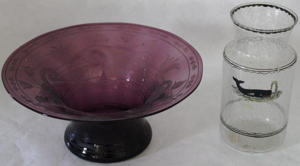 2 PAIRPOINT PIECES INCLUDING AN: ENGRAVED FOOTED BOWL IN A RARE AMETHYST COLOR, CIRCA 1920, 9 ½” DIAMETER, 4” HIGH, ALONG WITH A 6 ¾” CLEAR TAVERN WARE VASE WITH SPOUTING WHALE
