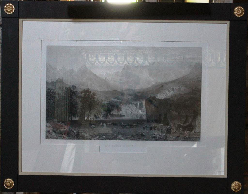 FRAMED AND GLAZED BLACK AND WHITE: ENGRAVING AFTER ALBERT BIERSTADT, ENGRAVED BY J. SMILLIE, 1866, TITLED “THE ROCKY MOUNTAINS” SHOWING AN INDIAN ENCAMPMENT ON A LAKE AT THE FOOT OF THE MOUNTAINS, 18 ½” X 29 ½”, NEW MATTING A