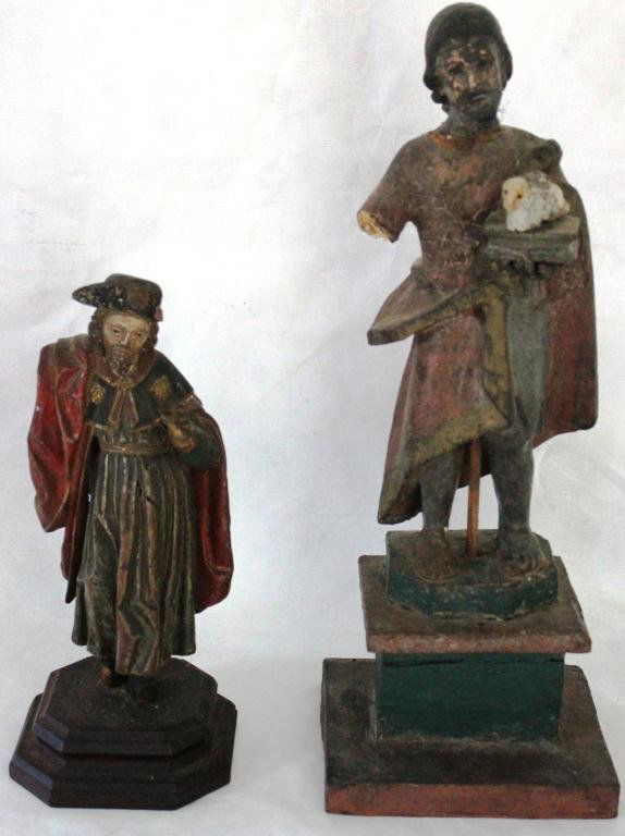 2 EARLY 19TH CENTURY CARVED AND: PAINTED WOODEN FIGURES, 1 DEPICTS CHRIST WITH LAMB, ARM MISSING, HEAD REPAIRED, 15” HIGH, 1 DEPICTS A CARDINAL, ALSO MISSING AN ARM, 10” HIGH