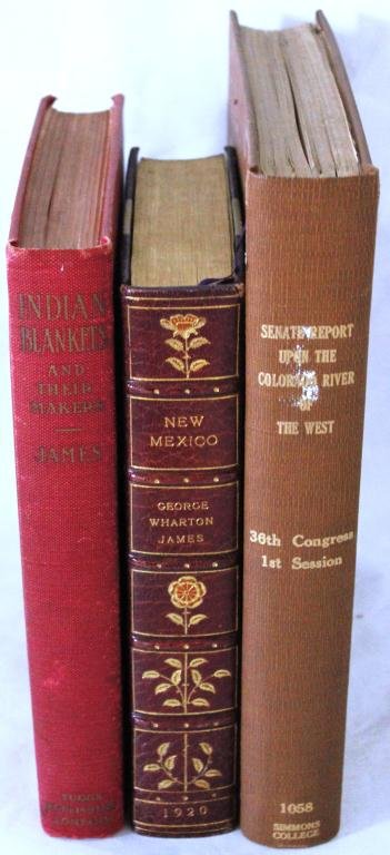 3 BOOKS, 2 BY GEORGE WHARTON JAMES -: “INDIAN BLANKETS AND THEIR MAKERS”, TUDOR PUBLISHING CO., NEW YORK, NEW EDITION, 1937 AND LEATHER BOUND BOOK “NEW MEXICO, THE LAND OF THE DELIGHT MAKERS”, TIPPED IN HAND WRITTEN LETTER DATED 1