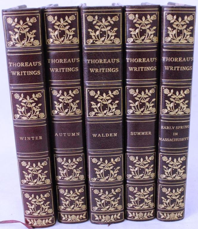 5 VOLUME LEATHER BOUND BOOKS: “THOREAU’S WRITINGS” EDITED BY H. BLAKE, 1887, HOUGHTON & MIFFLIN & CO., CAMBRIDGE