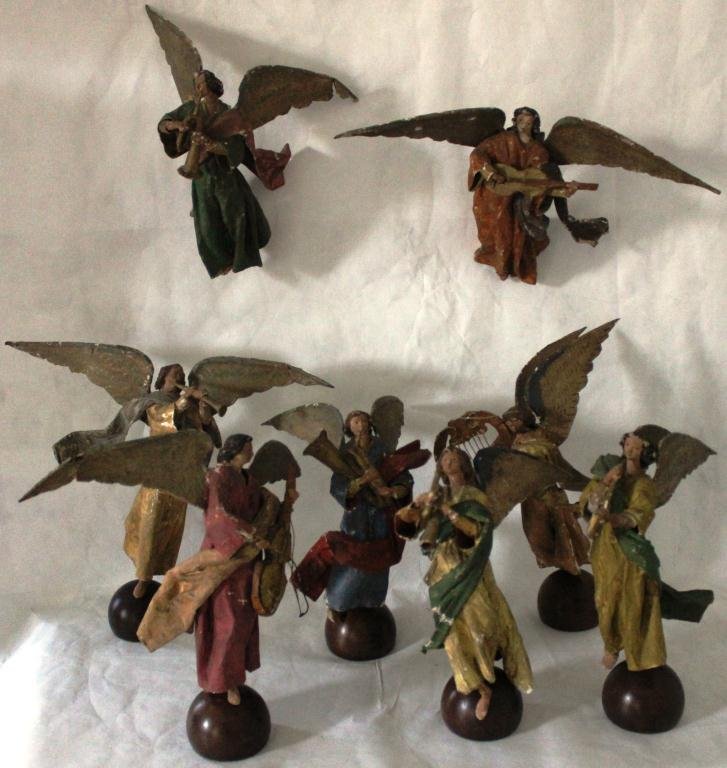 8 ITALIAN PAPER MACHE’ AND WIRE: ANGELS WITH CELLO, HORN, HARP, TRUMPETS, LATE 19TH OR EARLY 20TH CENTURY, 10 ½” ON BASES, 10 ½” WIDE, MINOR WEAR, PAINT LOSS AND DAMAGE.