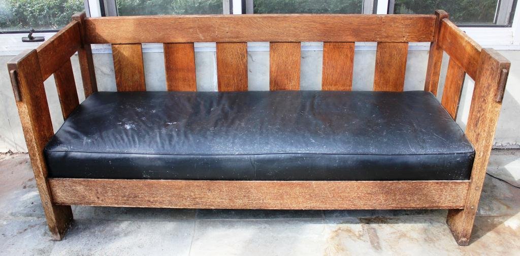 MISSION OAK SETTLE, POSSIBLY L & J G: STICKLEY, CIRCA 1910, 33 ½” HIGH, 6 ½’ WIDE, 29 ½” DEEP, ROUGH FINISH