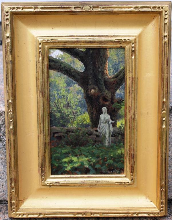 OIL PAINTING ON BOARD BY JOSEPH MCGURL: (BOSTON AREA, 1958- ), “STUDY OF SEATHRIFT GARDENS”, 9 ½” X 5 ½”, IN HAND CARVED GILT FRAME