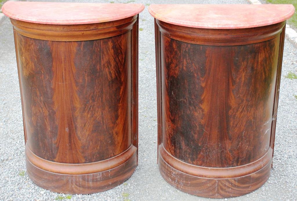 PAIR OF CLASSICAL MAHOGANY CONSOLE: TABLES WITH FAUX MARBLE PAINTED TOPS, 35” HIGH, 25” WIDE, 14” DEEP