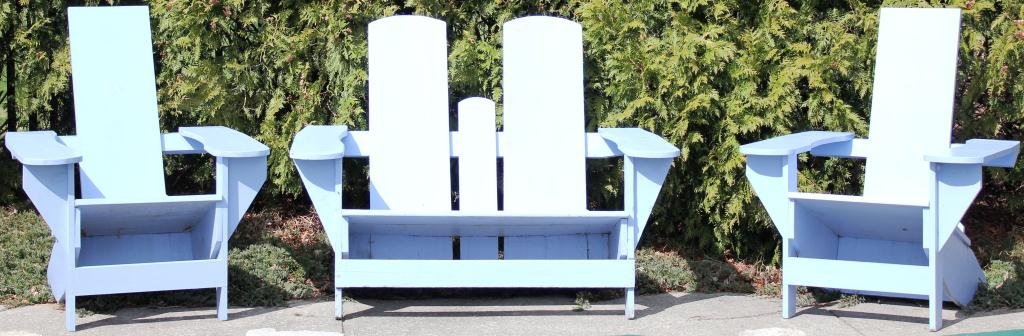 3 PIECES OF PAINTED WOODEN ADIRONDACK: FURNITURE, MODERN, CONSISTING OF LOVESEAT AND 2 CHAIRS, LOVESEAT 40” HIGH, 51” WIDE, 30” DEEP, CHAIRS 40” HIGH, 32” WIDE, 33” DEEP