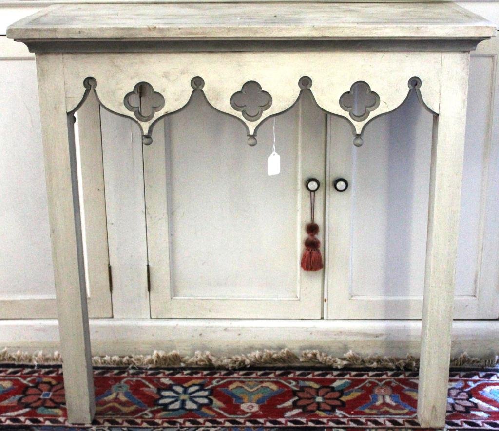 PAINTED PIER TABLE, CONTEMPORARY BY: KEN KELLEHER, BOSTON ARTIST, 33 ½” HIGH, 33 ¾” WIDE, 15 ¼” DEEP