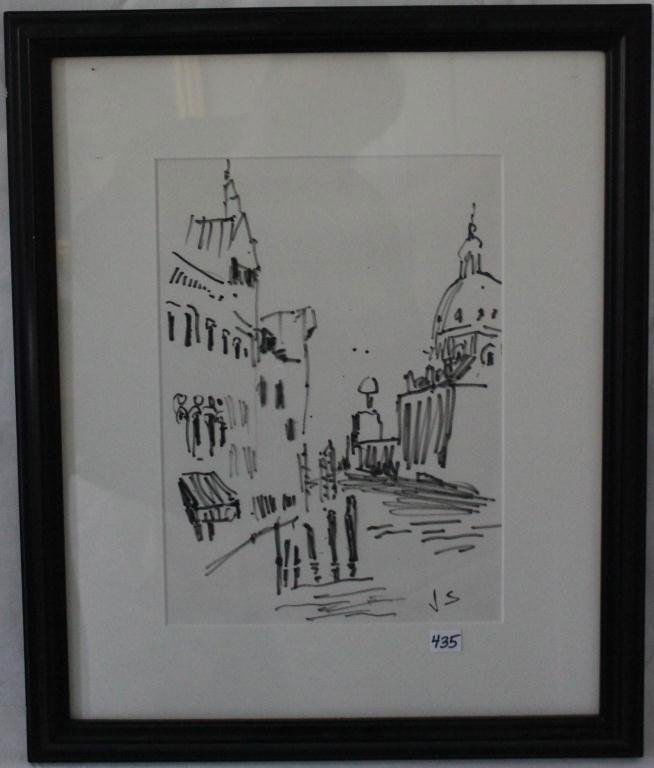 FRAMED AND GLAZED FELT PEN DRAWING BY: JOSEPH SOLMAN (1909-2008), VENETIAN CANAL SCENE, SIGNED J.S., 13” X 9 ½”