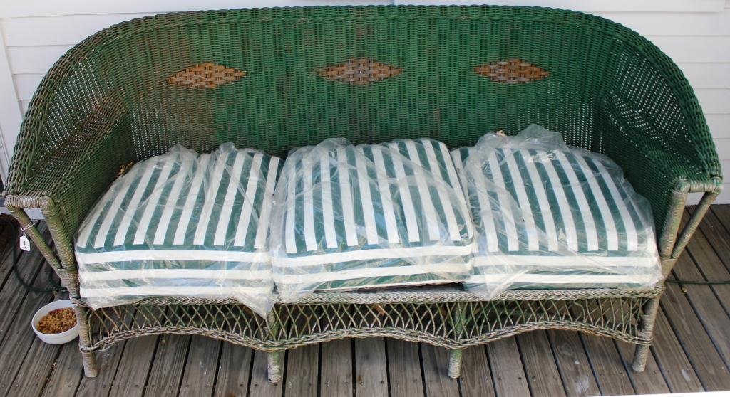 ART DECO WICKER SOFA, CIRCA 1920,: ORIGINAL PAINT, NEW WATERPROOF CUSHIONS, 6’ LONG, 32” HIGH 24” DEEP