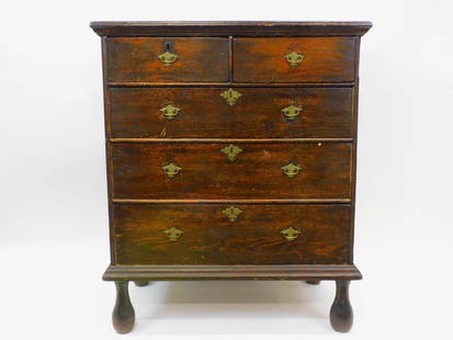 William and Mary chest of drawers. Early 18th: century. Made of pine in Massachusetts. It has dovetailed construction with applied half-round molding and old refinished condition. It has old engraved brass hardware and tall turned feet. 44 1/2" hi