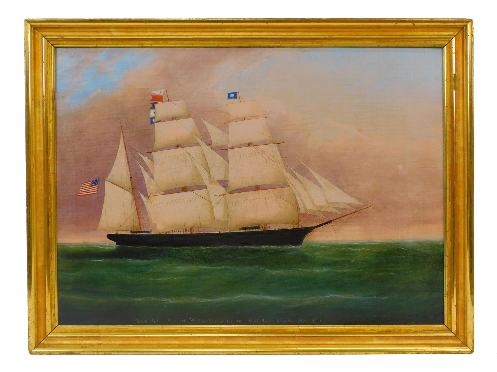 China Trade Ship Portrait of the Helen Mar. Dated: 1869. An oil canvas painting of the bark Helen Mar of Baltimore under sail. A description on the bottom reads: Bark Helen Mar Wm. Weston Commander at Sandy Heads Calcutta May 2, 1869. In a period mold
