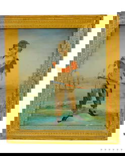 Rare American sailor boy portrait. Late 18th: century. A reverse painting on glass of an American sailor with sword. In the background is a ship flying the American flag. Sight size 13 3/4" by 11 3/4" overall 17" by 15". Very good condition. Prov