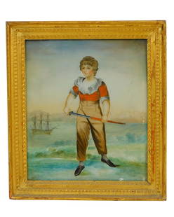 Rare American sailor boy portrait. Late 18th: century. A reverse painting on glass of an American sailor with sword. In the background is a ship flying the American flag. Sight size 13 3/4" by 11 3/4" overall 17" by 15". Very good condition.